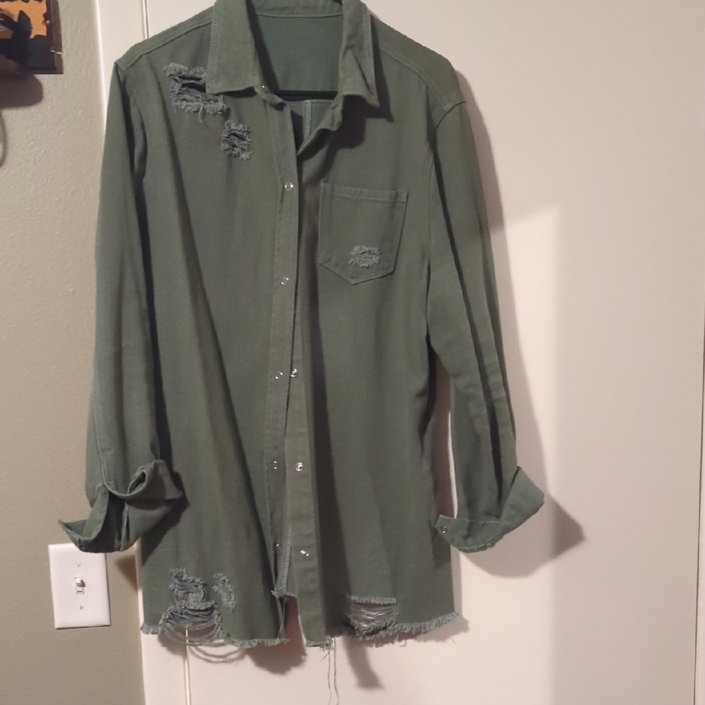 Distressed Green Button-Up Shacket